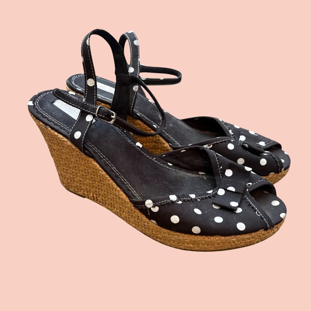 Vtg Y2K Glam Core Babydoll Xhilaration Polka Dot Bow Strappy Wicker Wedge Heel